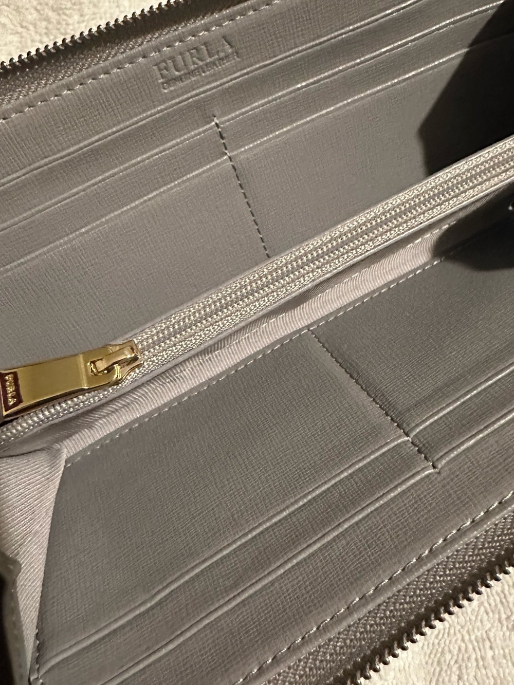 Furla Gray Zip Around Wallet Gold Tone Hardware Saffiano Leather Like New - Picture 9 of 13